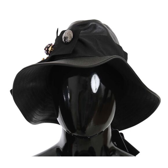 Dolce & Gabbana Black Leather DG Coin Crystal Wide Brim Women's Hat